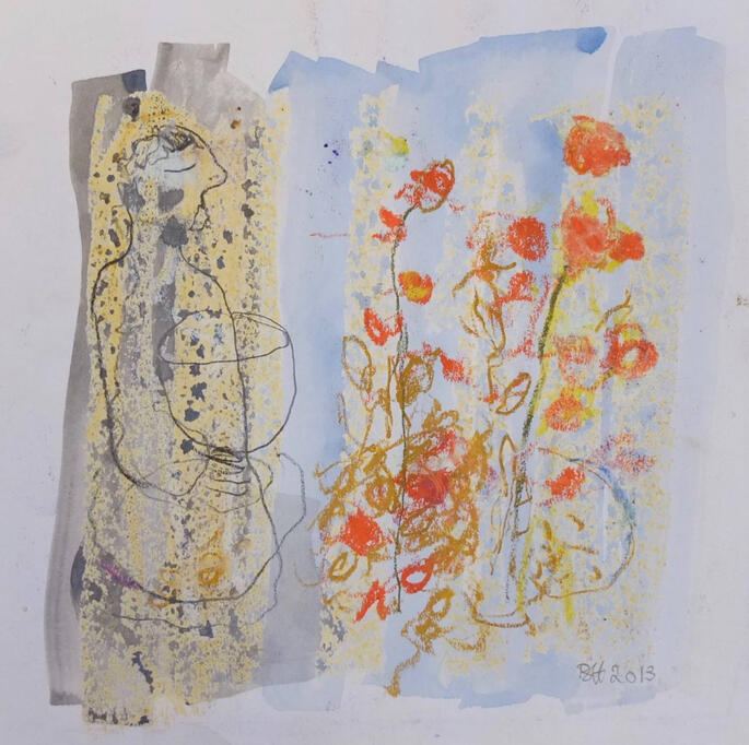 Holding vase near flowers